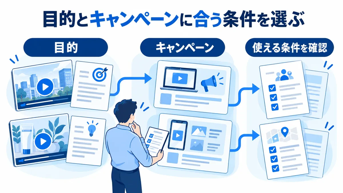 目的票と動画素材をキャンペーン別の資料に対応させ、使える条件を確認する図
