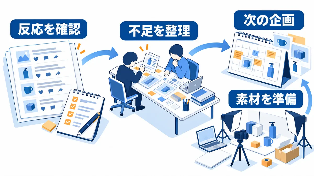 反応記録を照合して不足を整理し、次の企画と撮影素材の準備へつなげる関係。