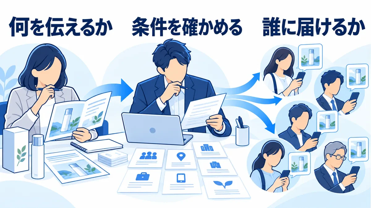 商品資料、対象条件の照合、広告を見る相手を結び、伝える内容と配信対象を設計する関係。