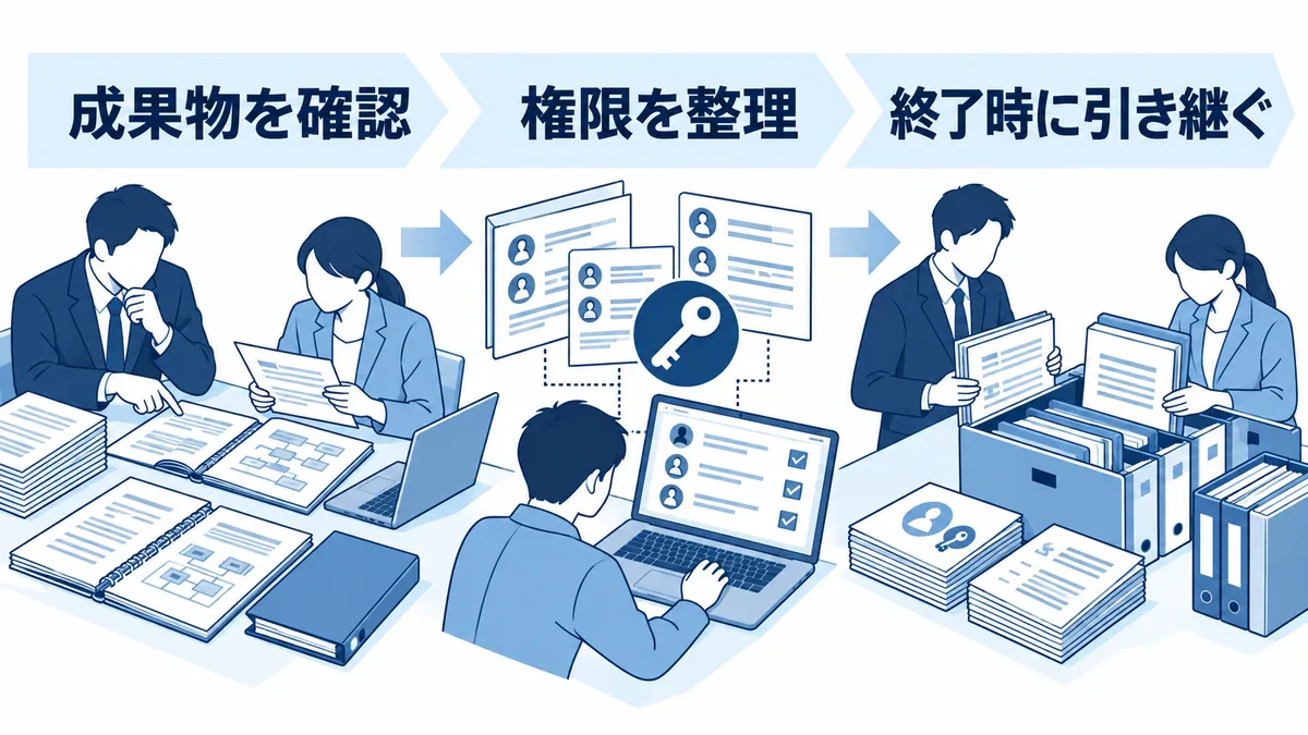 成果物の検収、利用権限の整理、終了時の記録と資料の引継ぎを進める流れ