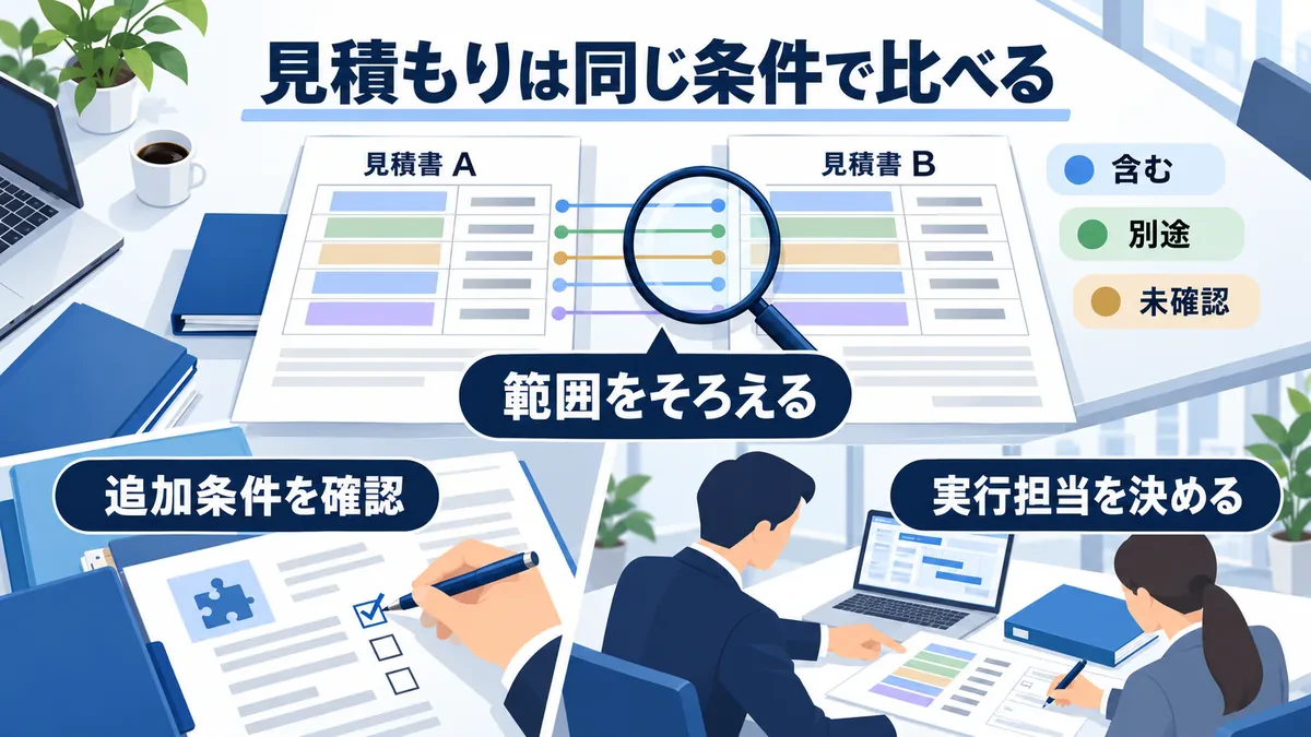 見積書の範囲をそろえ、追加条件と実行担当を確認する図