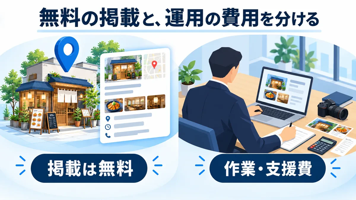 無料のプロフィール掲載と、写真撮影・情報更新などの作業費用を分けた図