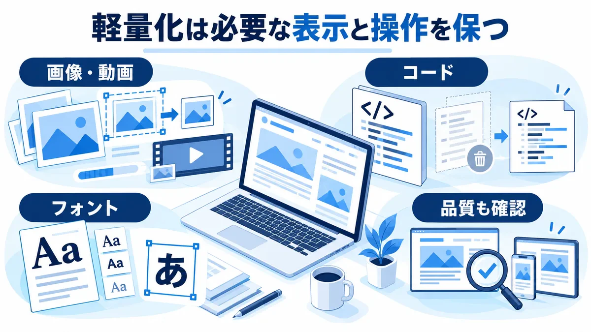 画像・動画、コード、フォントを調整し表示と操作の品質を確認する図