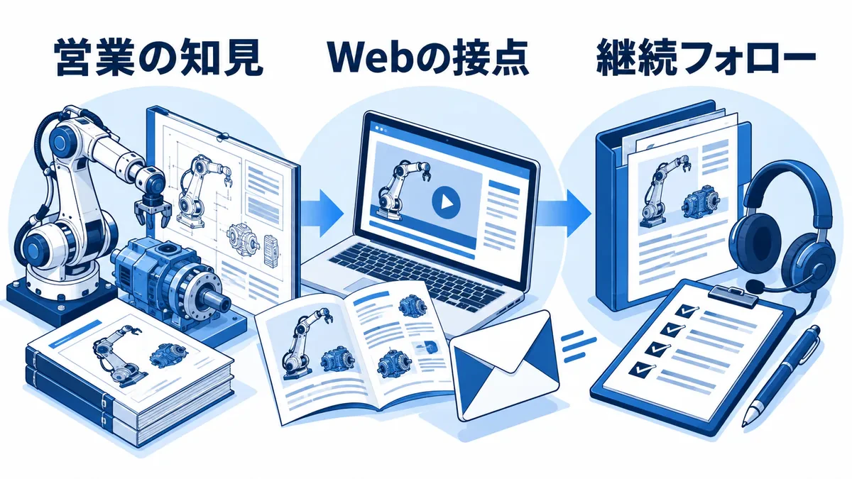 営業の知見をWeb資料やセミナーへ展開し、継続フォローにつなぐ流れ