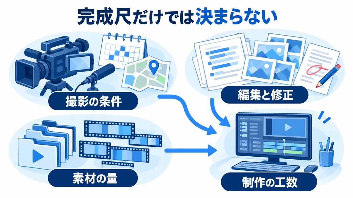 撮影条件、素材量、編集と修正の範囲が制作工数につながる関係