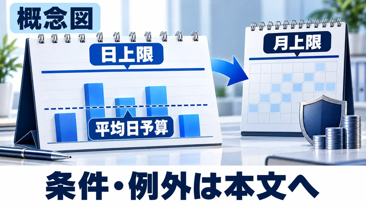 日ごとに変動する費用と、平均日予算・日上限・月上限を区別する概念図