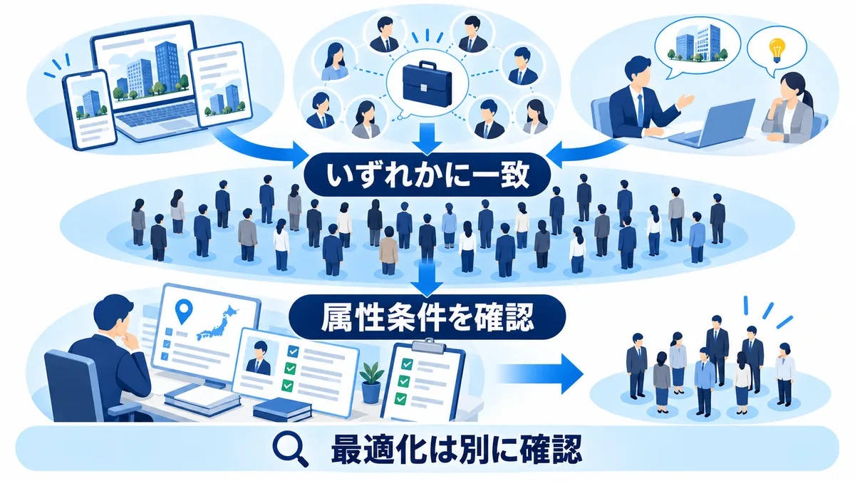 いずれかに合う候補をまとめた後、地域や年齢などの属性条件で絞り込む関係。最適化を使う場合は別途確認する。