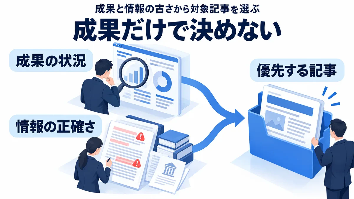 成果の状況と情報訂正の必要性を照合して優先する記事を選ぶ。