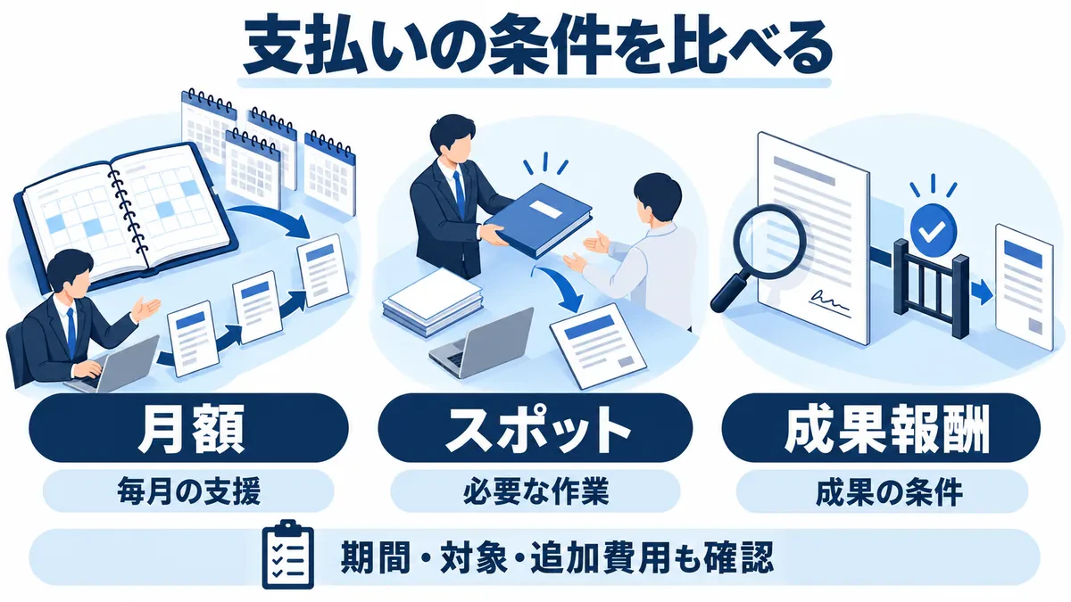 月額は継続支援、スポットは必要な作業、成果報酬は条件に応じて支払う違いを示す図