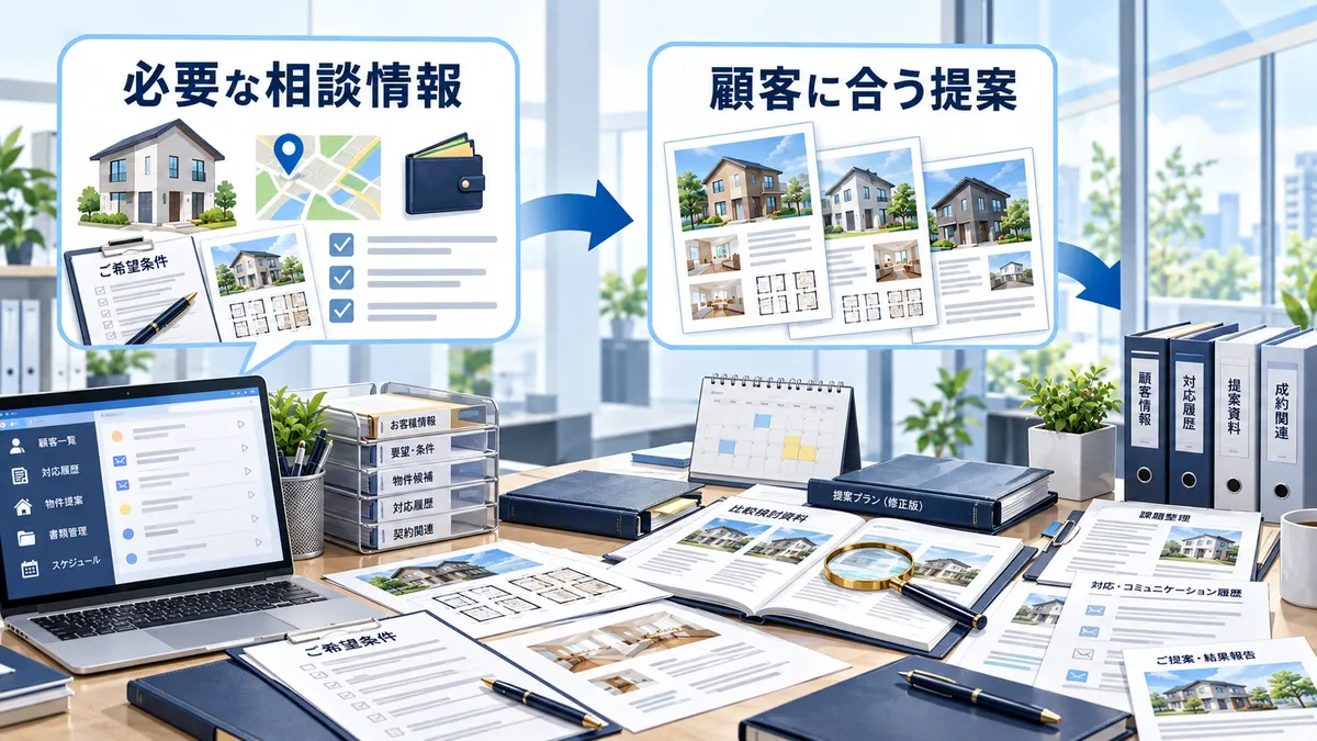 住宅の希望条件や予算などの相談情報を、顧客に合う物件提案の準備につなげる図