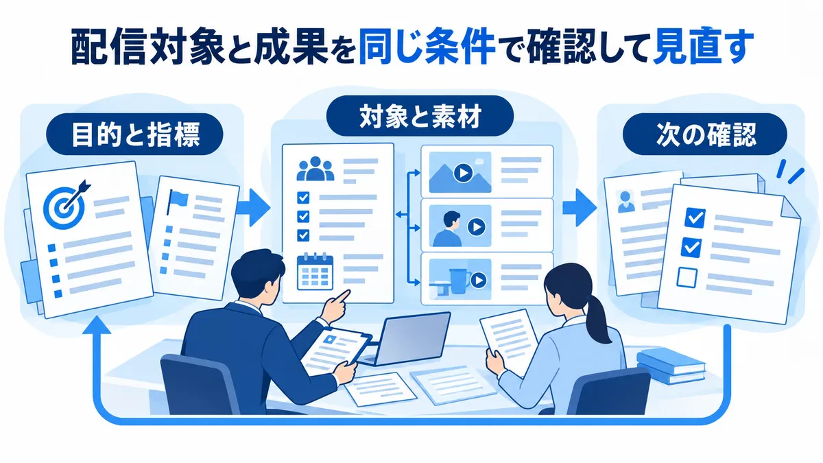 目的と指標、対象と動画素材を同じ期間の記録で照合して次の確認へ戻す図
