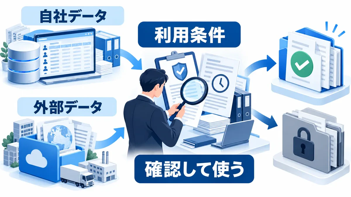 自社データと外部データを利用条件で照合し、使える記録と保留する記録に分ける流れ