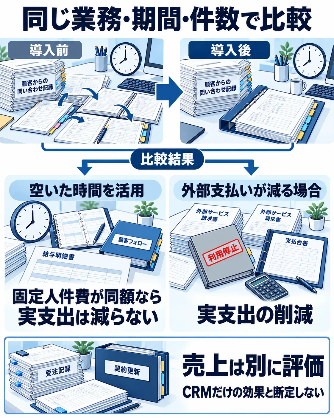 同じ業務・期間・件数で導入前後を比較し、空いた時間の活用と実支出の削減を分け、売上は別に評価する図