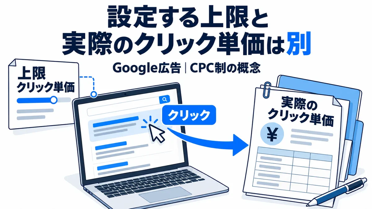 Google広告のCPC制の概念。設定する上限クリック単価と実際のクリック単価を区別する。