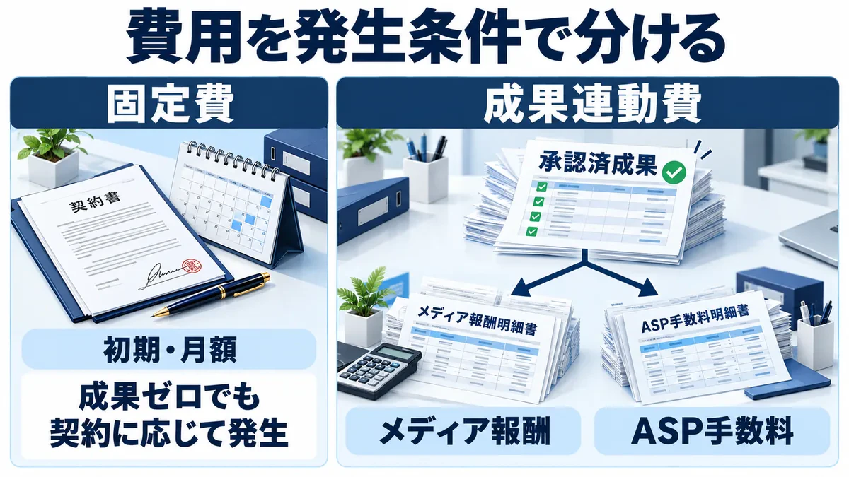 固定費は成果ゼロでも契約に応じて発生。成果連動費は承認済成果からメディア報酬とASP手数料へ並列に分かれる。