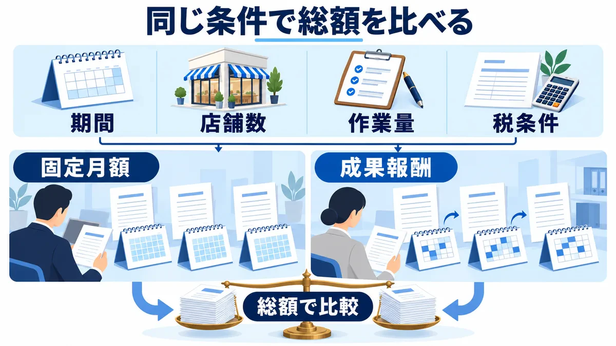 期間・店舗数・作業量・税条件をそろえ、固定月額と成果報酬を総額で比べる図