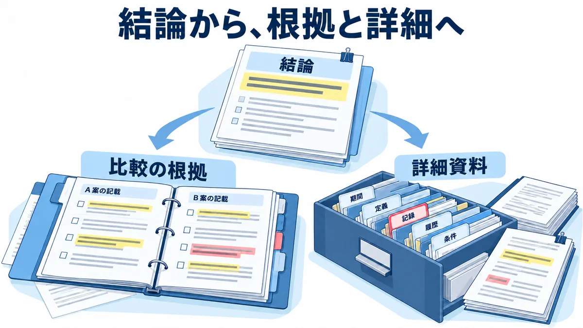 結論シートから対比記録と詳細資料引出しへ分岐し、根拠へ辿る階層を示す