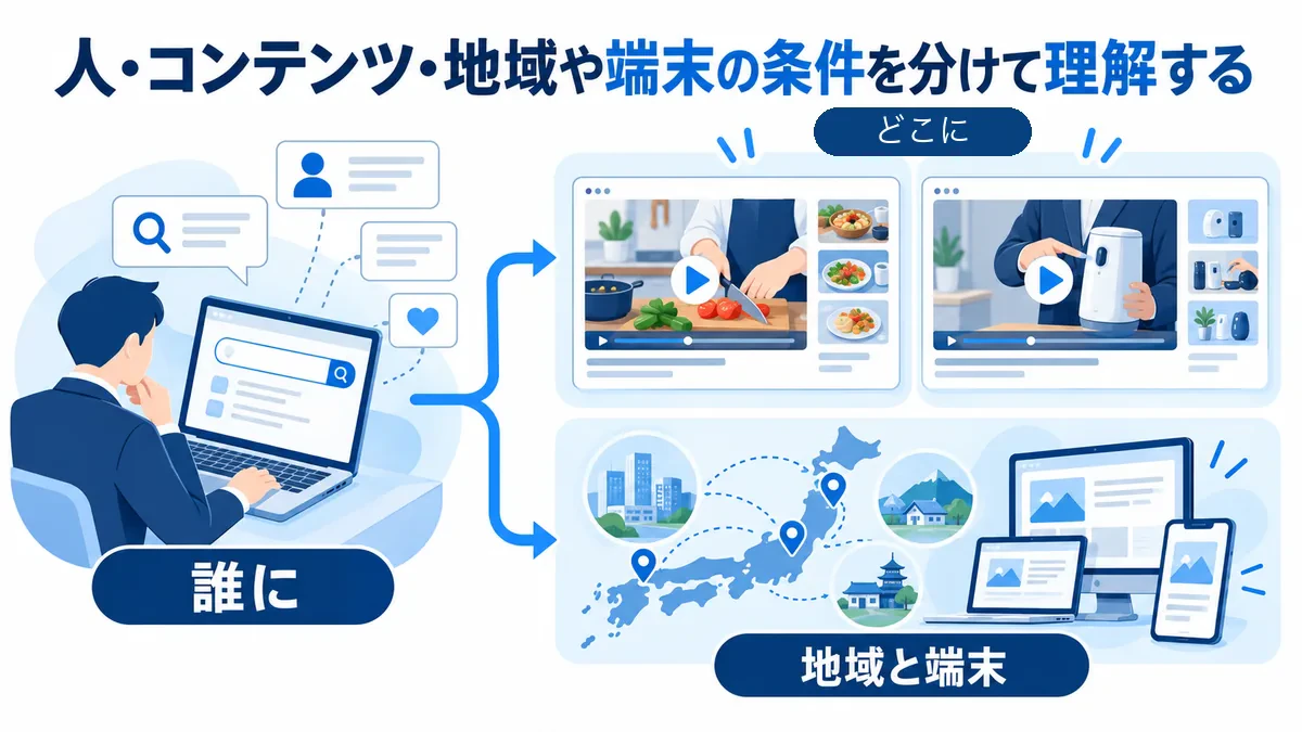 人の関心、動画の掲載先、地域と端末を別の条件として分ける図