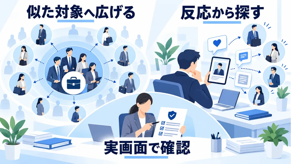 対象と似た人へ広げる拡張と、反応の信号から候補を探す最適化を区別し、実画面で利用可能な範囲を確認する。