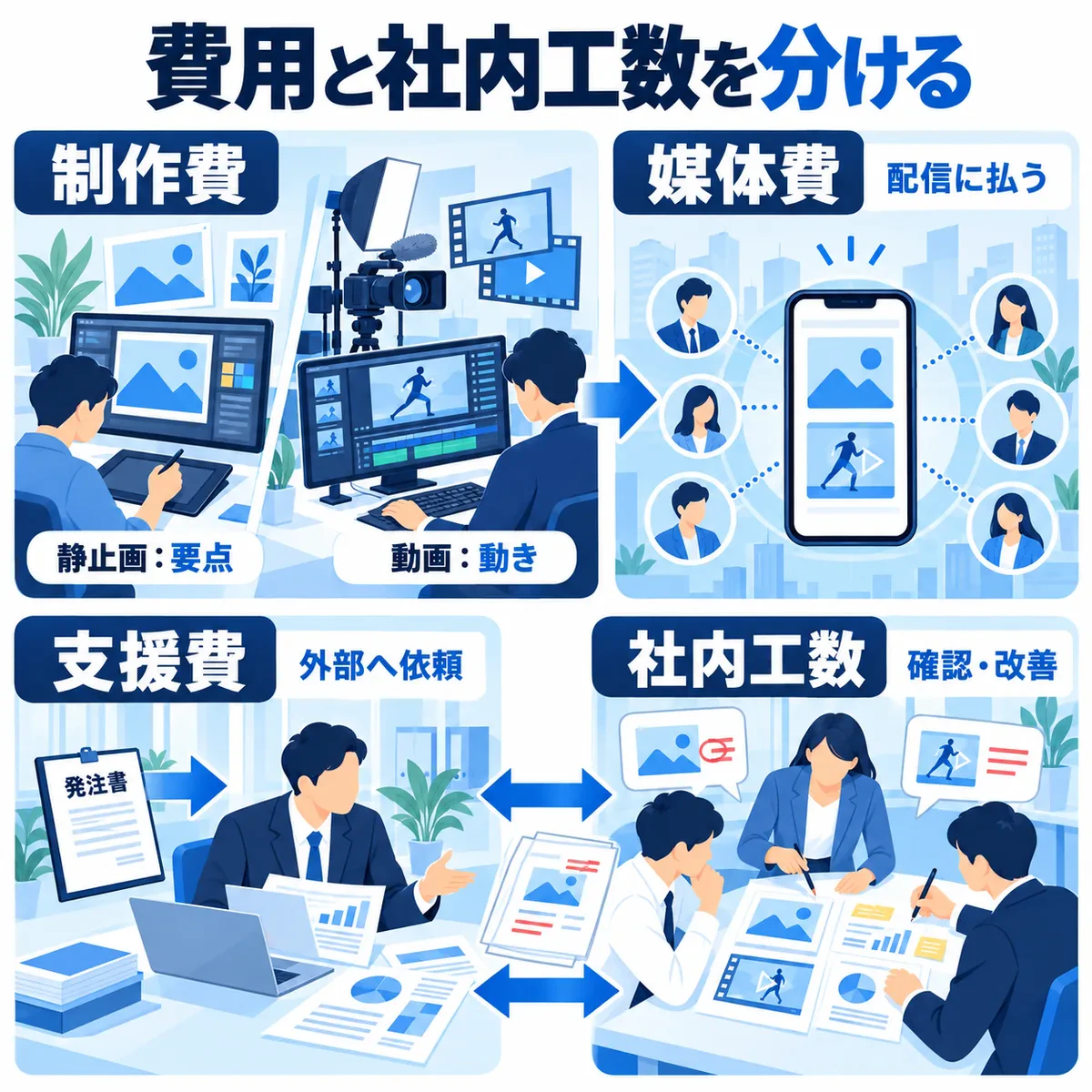 静止画と動画の制作から配信への流れと、制作費・媒体費・外部支援費・社内工数の区別