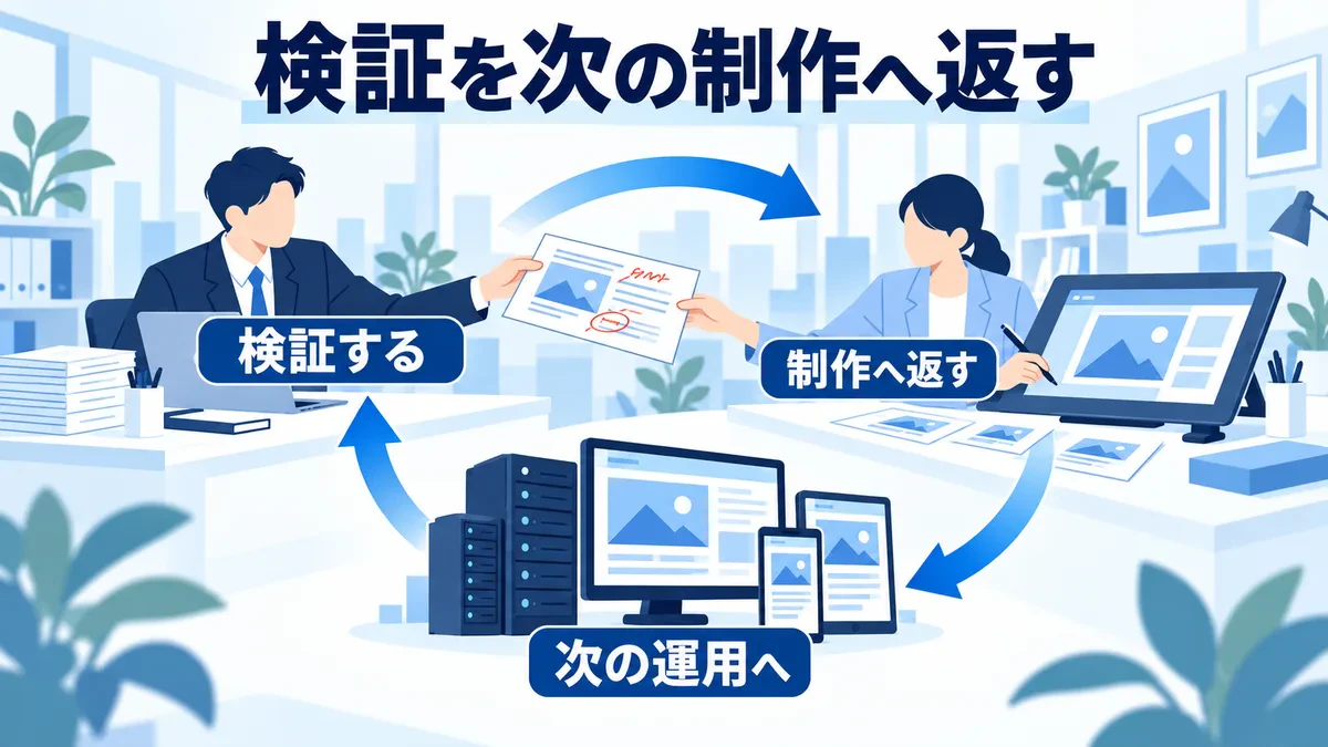 検証メモを制作へ渡し、新しい素材の運用と再検証へつなぐ循環