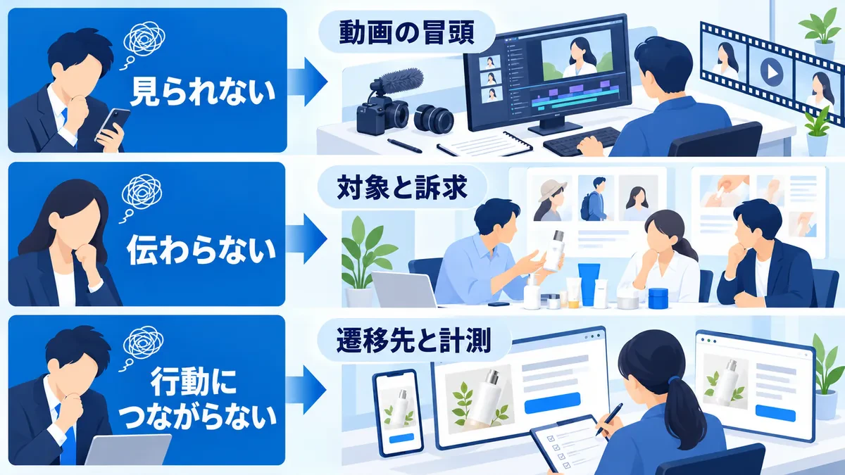 見られない・伝わらない・行動につながらない症状を動画、対象と訴求、遷移先と計測へ対応させる