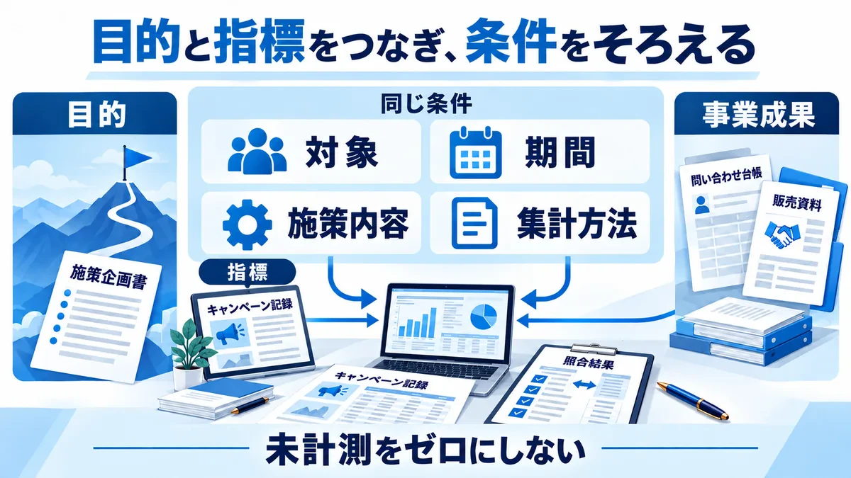 目的と指標を結び、対象・期間・施策内容・集計方法をそろえて配信記録と事業成果を照合する。未計測をゼロにしない。