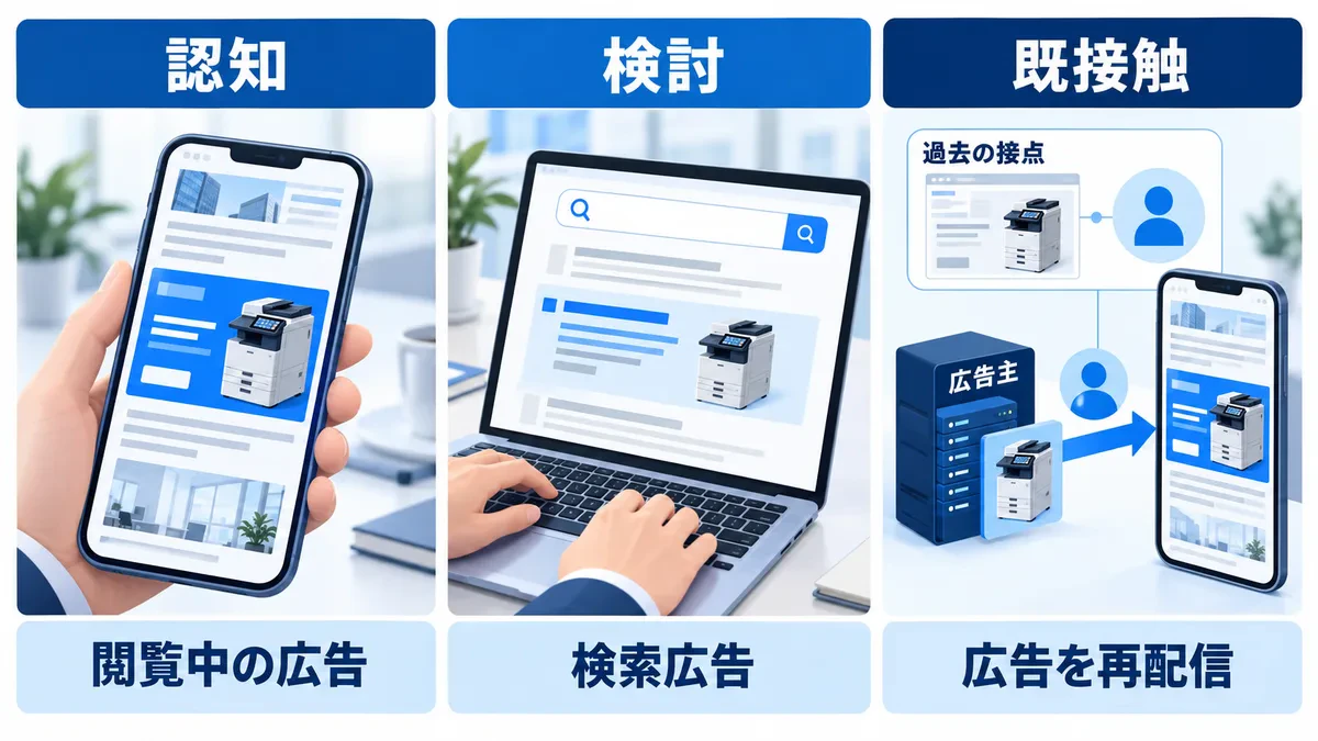 顧客の認知・検討・既接触という状態に、閲覧中の広告・検索広告・広告の再配信を候補として対応させた図