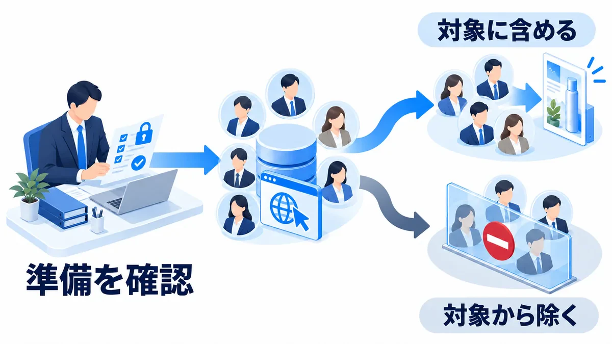 利用許可とデータの準備を確かめ、自社データの対象を広告配信へ含める場合と除外する場合に分ける関係。