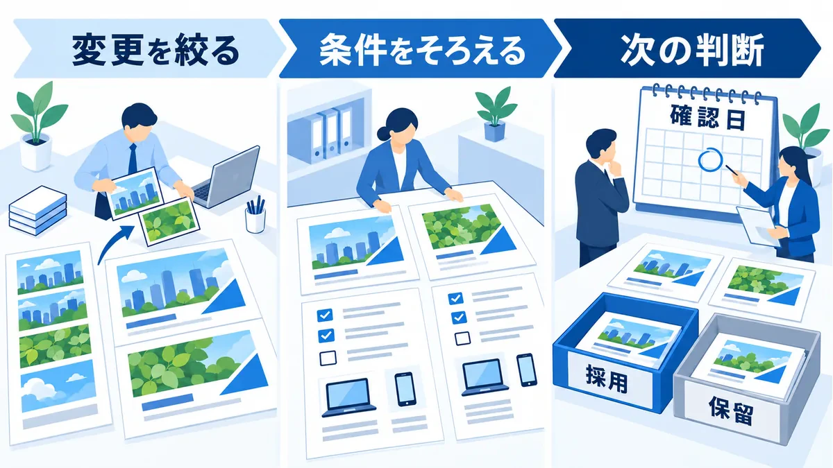 変更を絞り、条件をそろえて比較し、確認日に採用や保留を判断する流れ