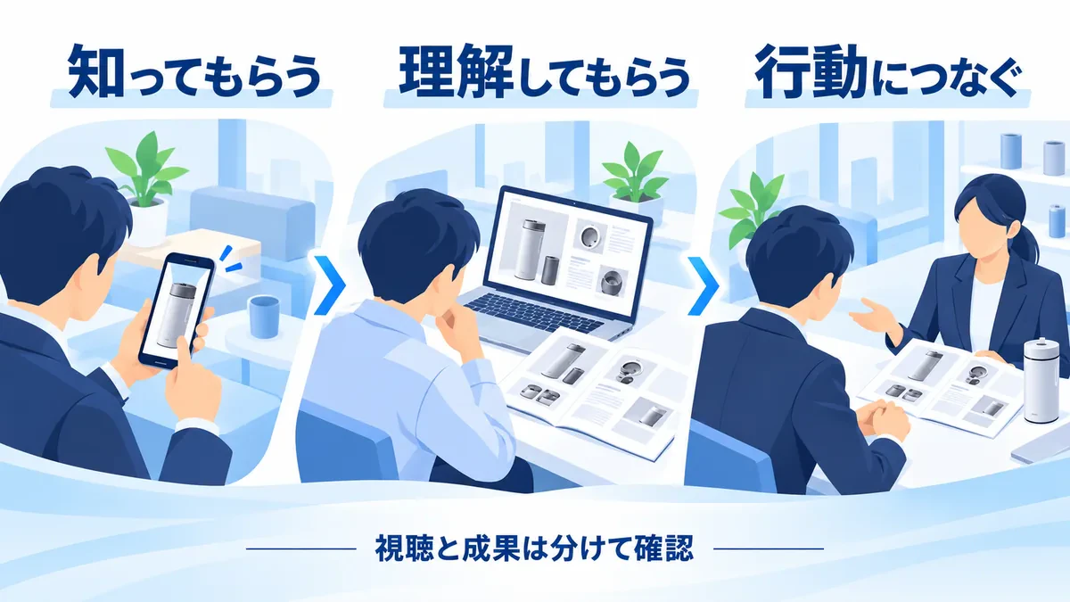 動画で知り、資料で理解し、相談へ進む段階と、視聴と成果を分ける確認