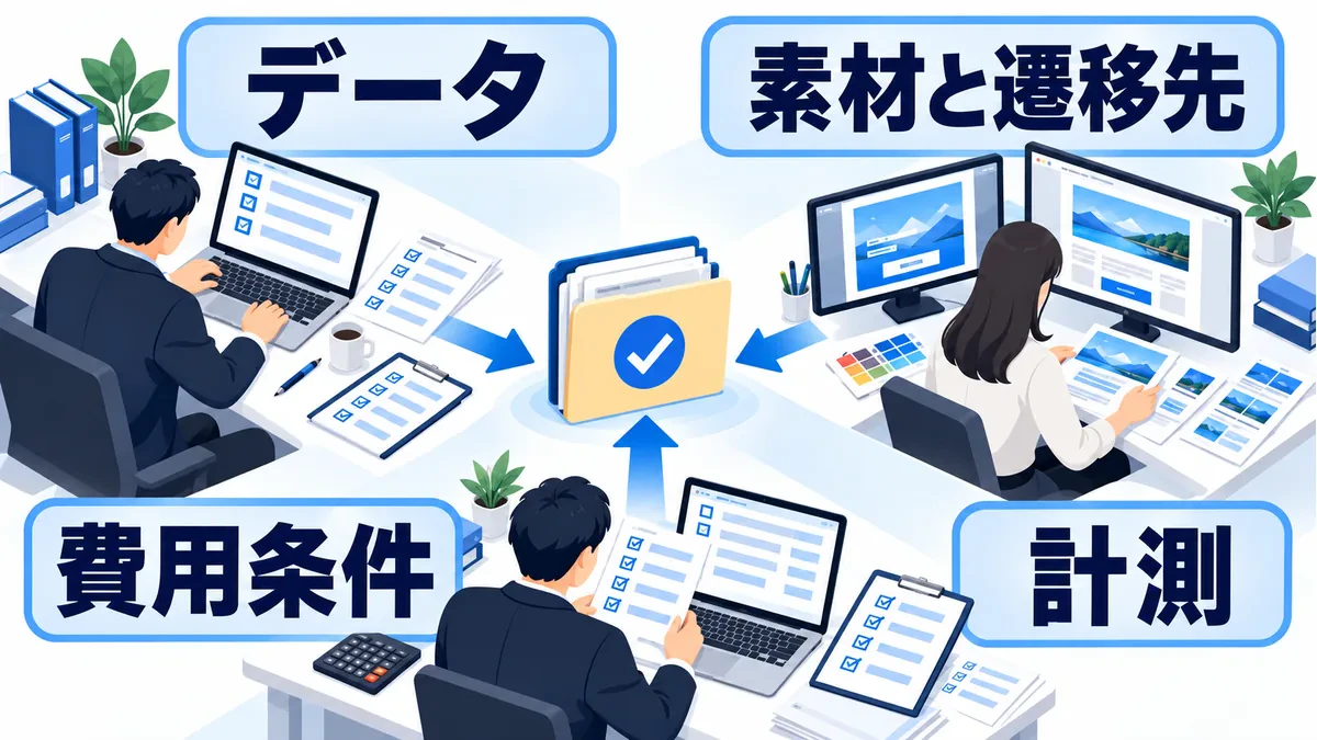 データ、素材と遷移先、計測、費用条件を担当間で確認してそろえる