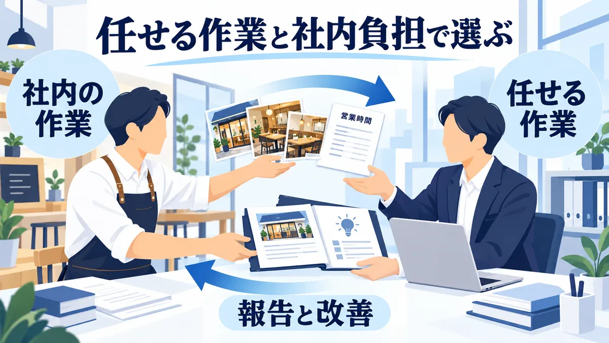 店舗担当と運用担当が情報や資料を受け渡し、報告と改善につなげる図