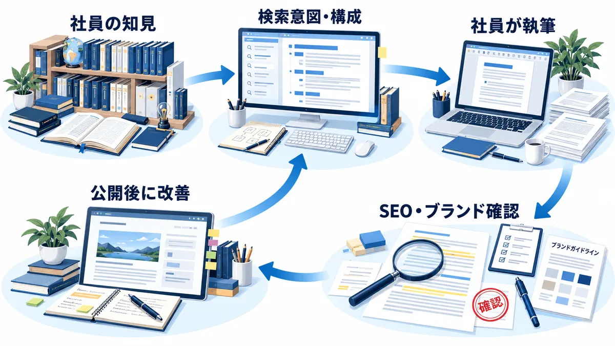 社員の知見を検索意図・構成へ結び、社員の執筆、SEO・ブランド確認、公開後の改善へ受け渡す流れ