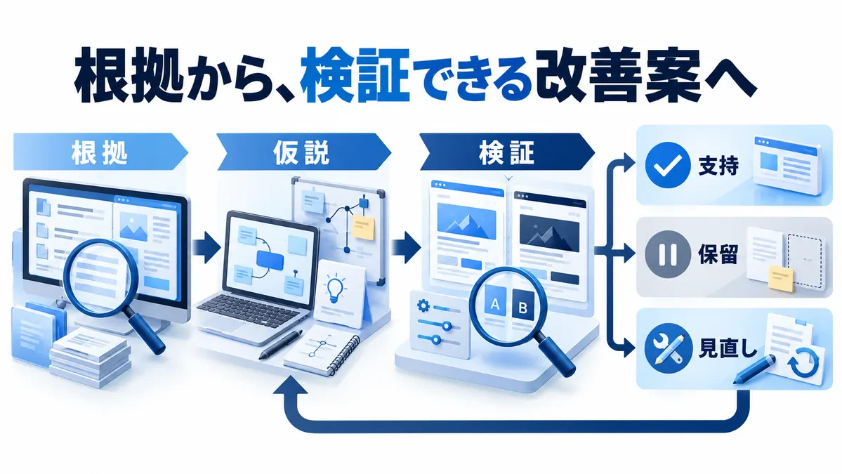 根拠から仮説、検証へ進み、支持、保留、見直しに分岐。見直しは仮説へ戻る。
