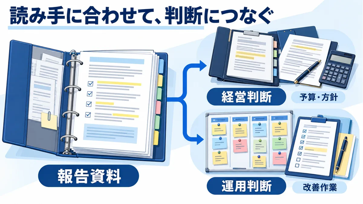 報告資料から、予算や方針を決める経営判断と、改善作業を決める運用判断へ分岐する
