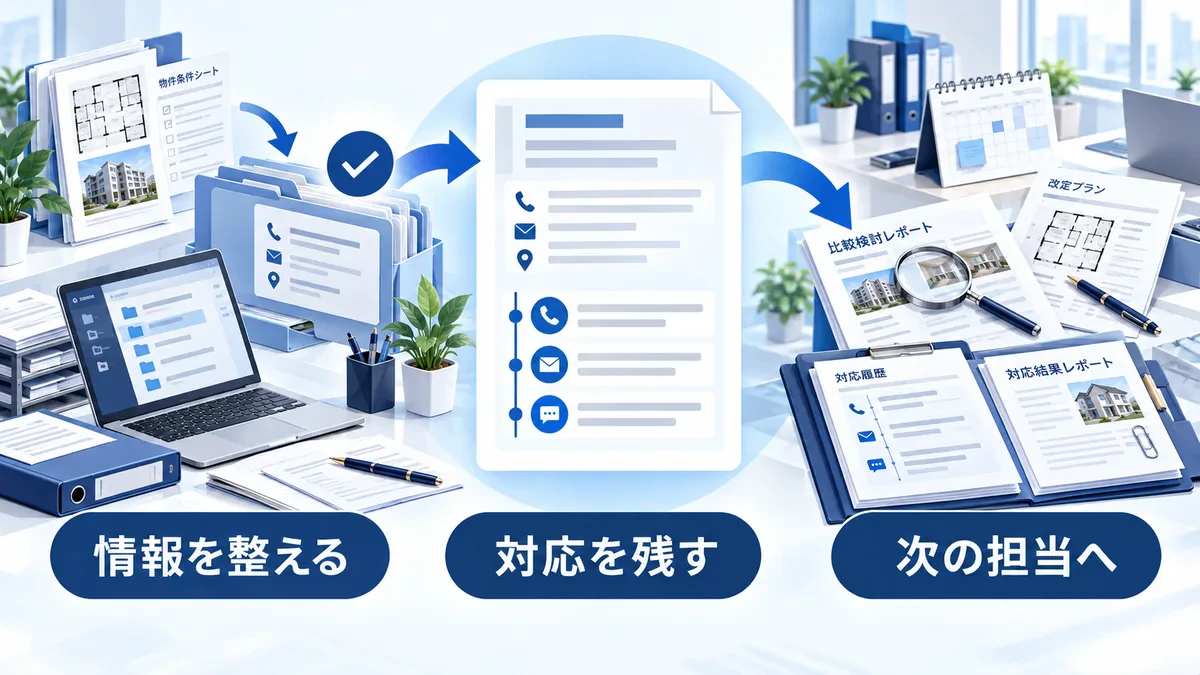 顧客情報を整え、対応履歴を残し、次の担当へ渡す図