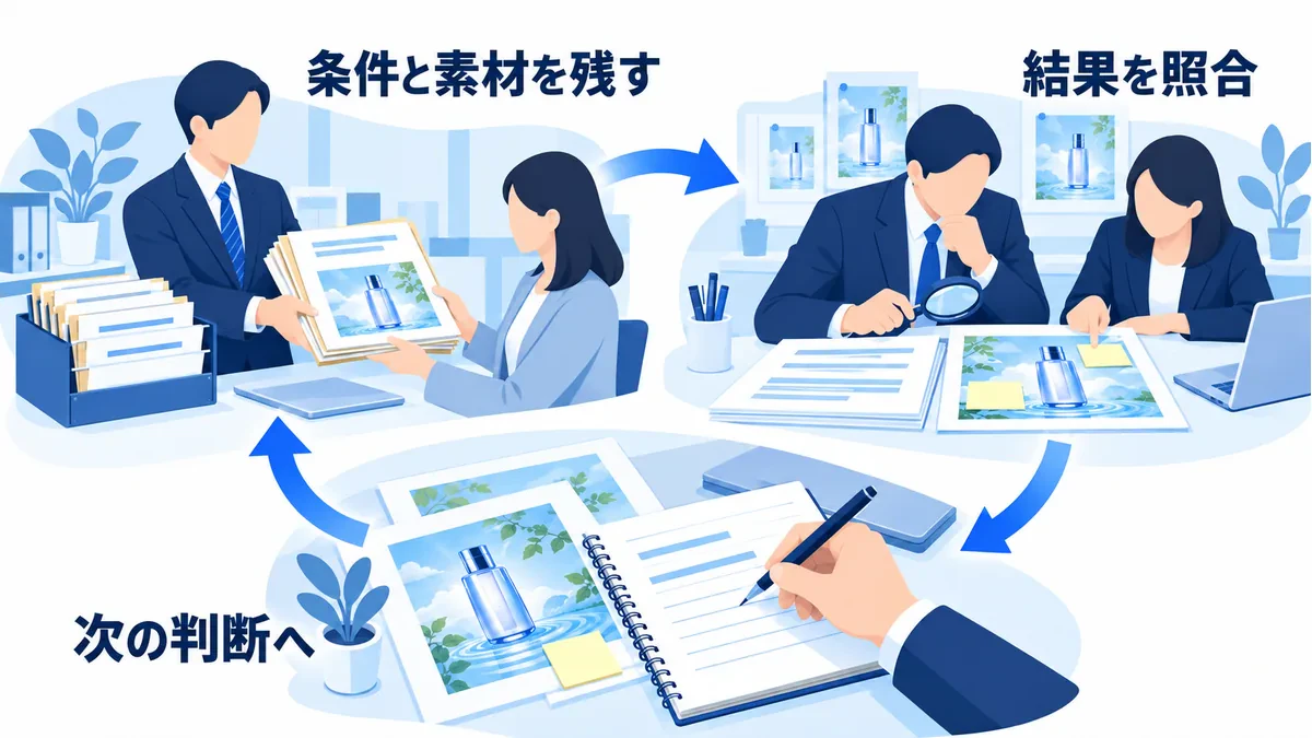 条件と広告素材を保存し、結果と照合して変更理由を記録し、次の配信判断へ戻す循環。