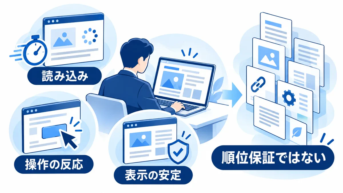 読み込み、操作の反応、表示の安定を検索評価の複数要素として整理する図