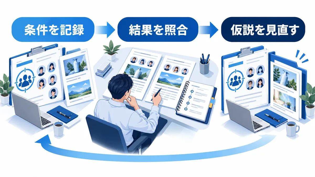 対象条件と素材の記録を結果と照合し、次の対象仮説へ戻す見直しの流れ