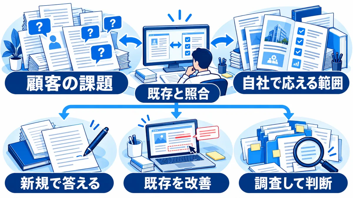 顧客の課題、自社で応える範囲、既存ページを照合して新規制作・既存改善・追加調査へ分岐する