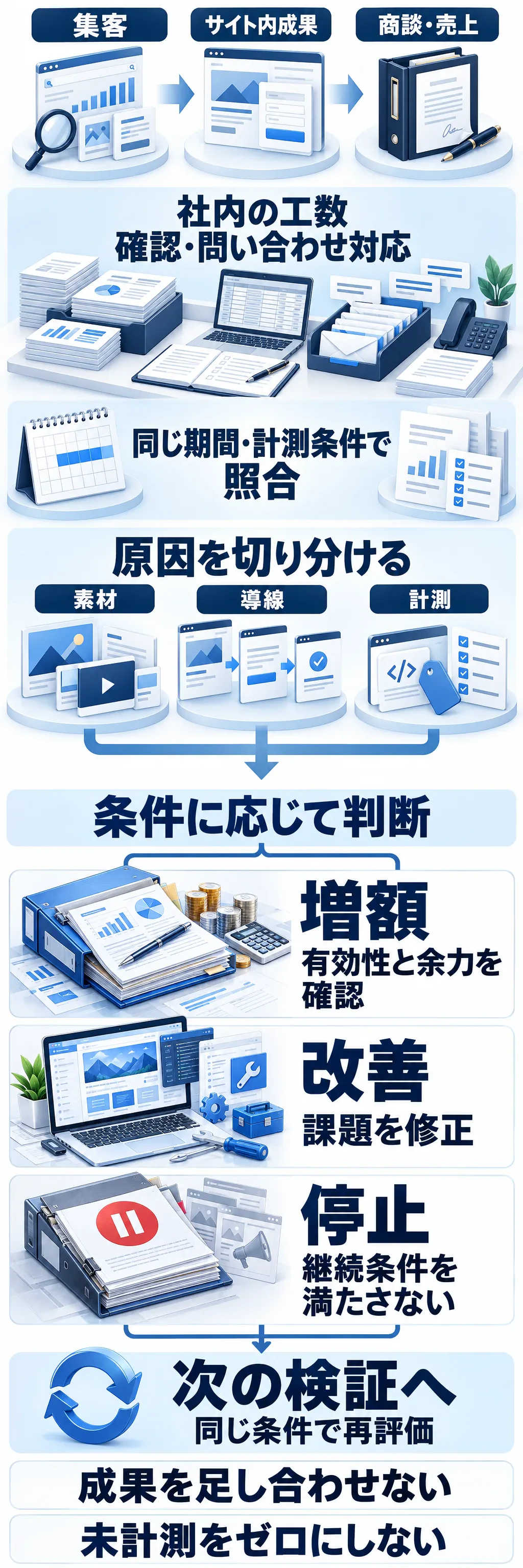 集客・サイト内成果・商談と売上を社内工数と同条件で照合。素材・導線・計測を点検し、増額・改善・停止を判断して再検証する。