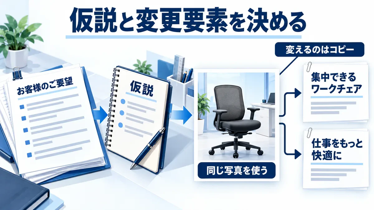 共通の商品写真から、コピーだけが異なる二つの広告案へ分岐する関係