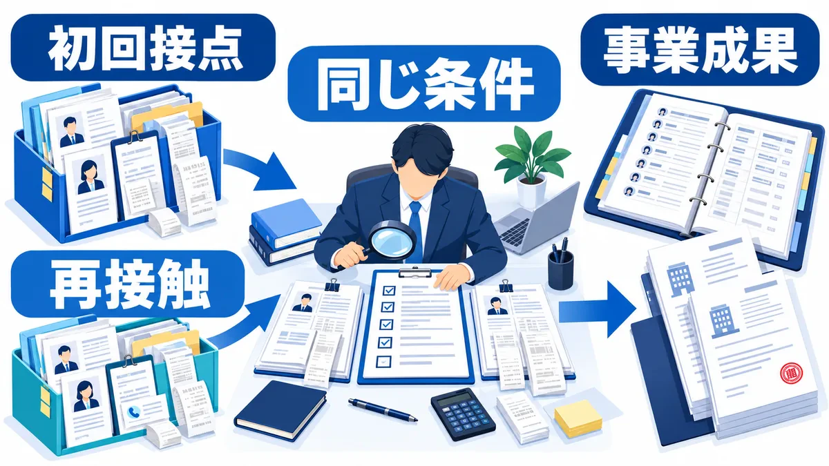 初回接点と再接触の記録を同じ条件で事業成果と照合する