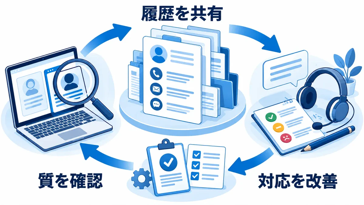 顧客履歴の共有、見込み客の質の確認、営業対応の改善を循環させる関係