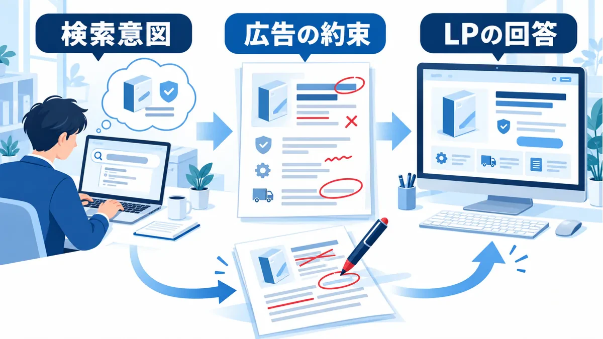 検索意図、広告の約束、LPの回答を照合し、ずれた広告原稿を修正する流れ