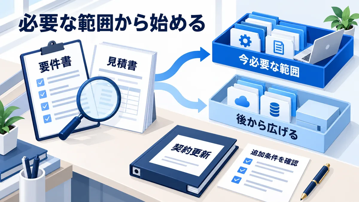 業務要件と見積書を照合し、今必要な範囲と後から広げる範囲を分け、契約更新や追加条件を確認する。