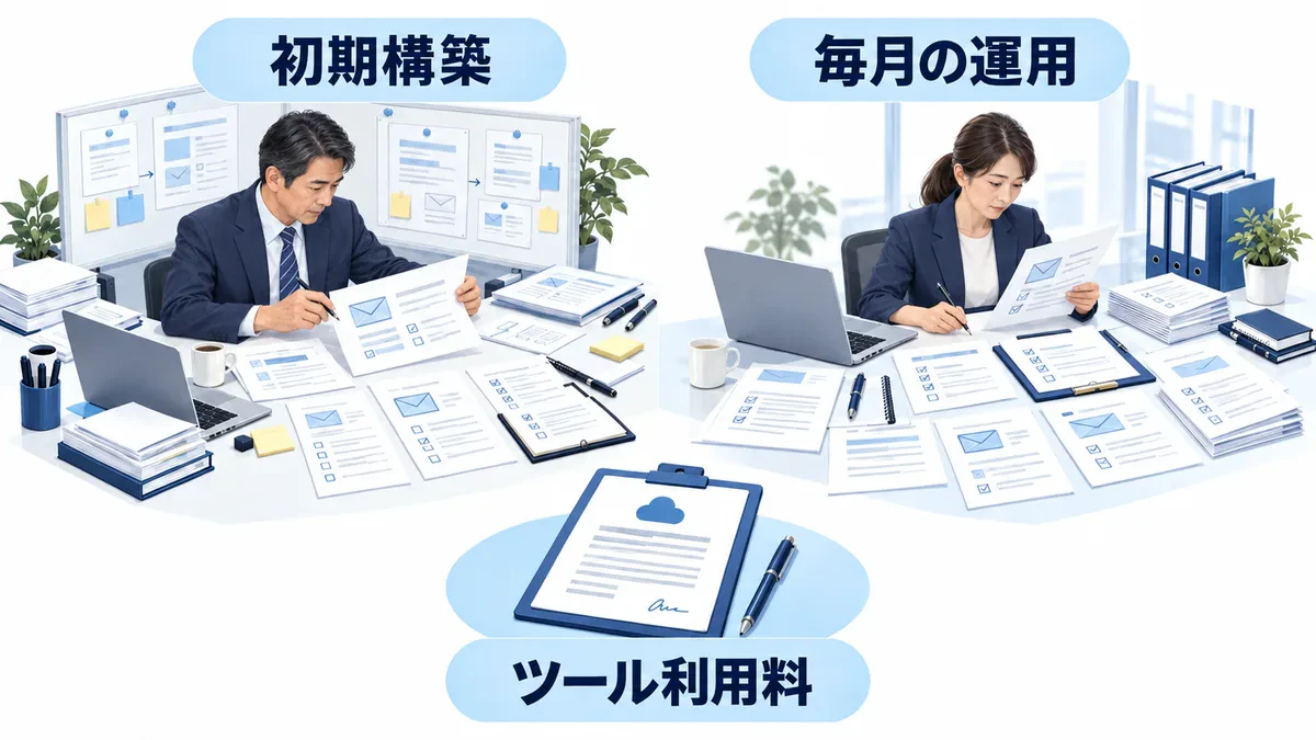 初期構築、毎月の運用、ツール利用料を別費目で確認する図
