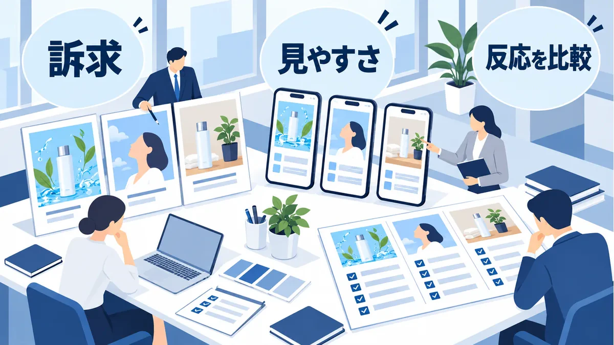 広告の訴求とスマートフォンでの見やすさを比較する作業
