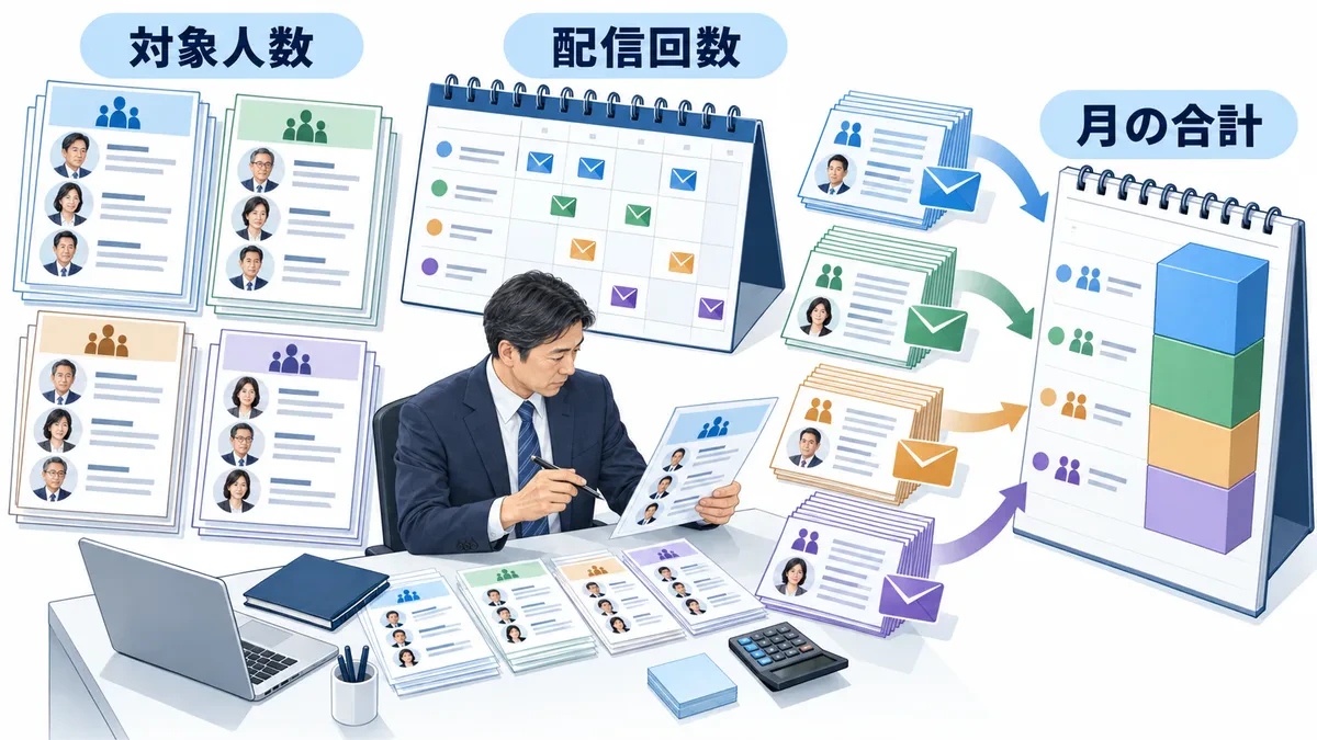配信対象の異なる顧客リストと配信予定を照合し月通数を集計する図